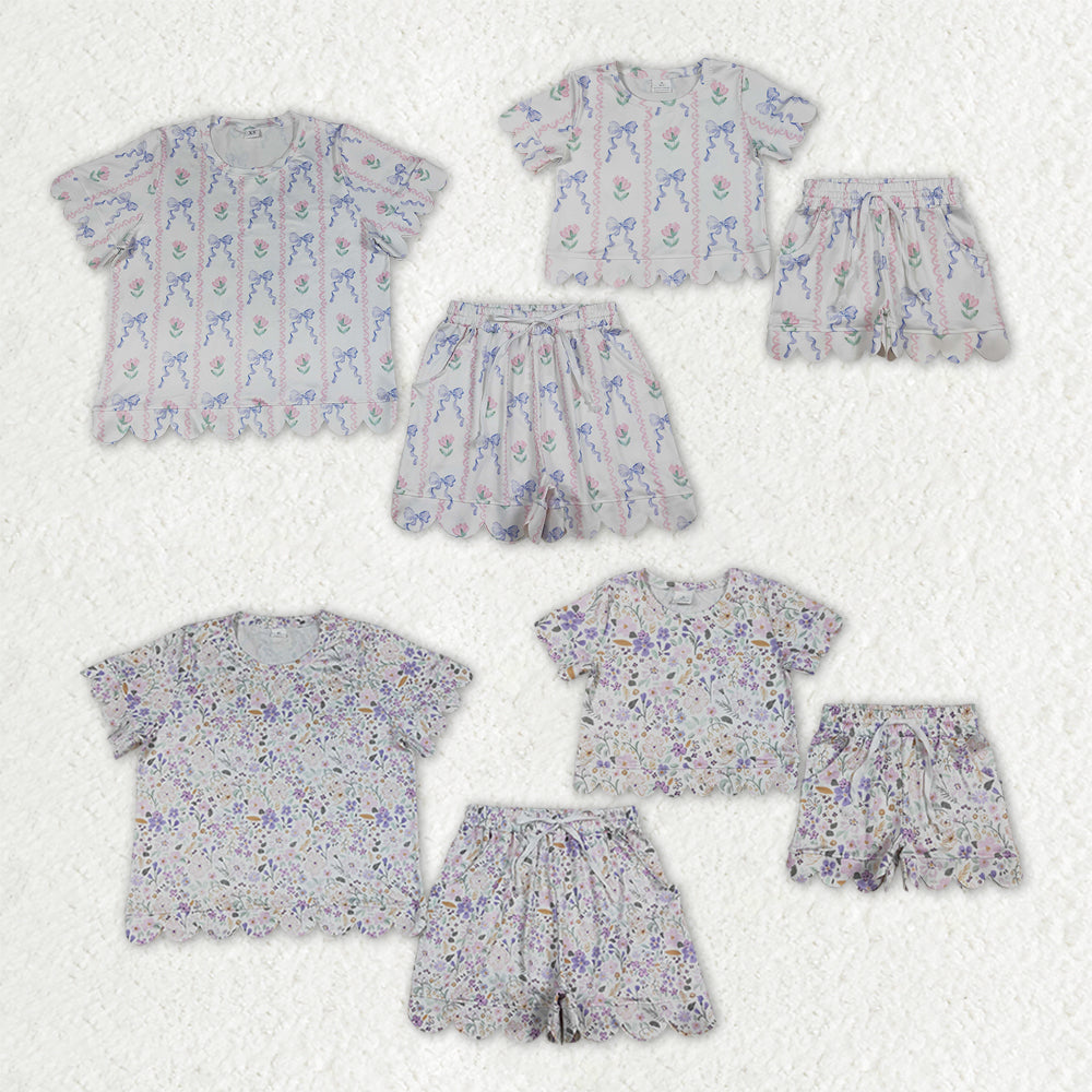 Mama and Me Girls Short Sleeve Colorful Flowers Top Pockets Short Scallop Clothes Sets