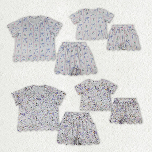 Mama and Me Girls Short Sleeve Colorful Flowers Top Pockets Short Scallop Clothes Sets