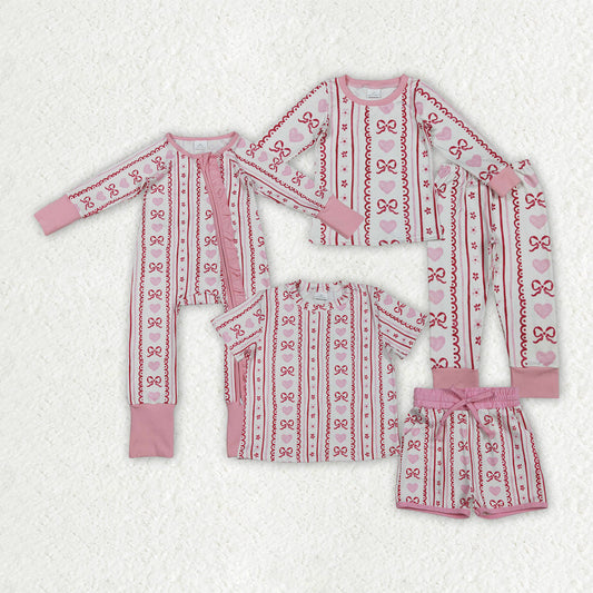 Sibling Baby Girls Bows Hearts Stripe Pants Pockets Shorts Pajamas Clothes Sets Ruffle Zip Rompers