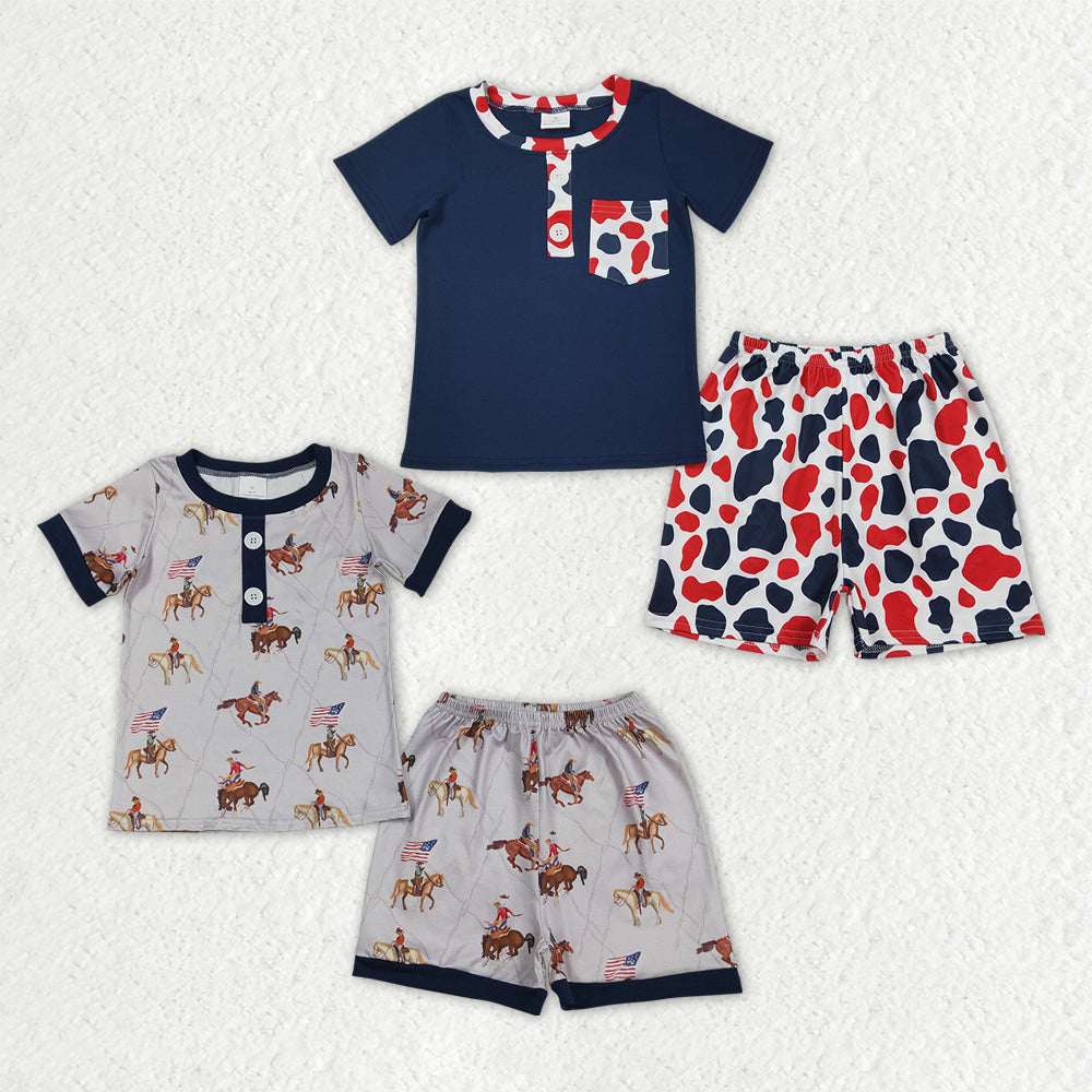 Sibling Baby Boys Flags Horses Cow Print Button Shirts Top Shorts 4th of July Pajamas Set