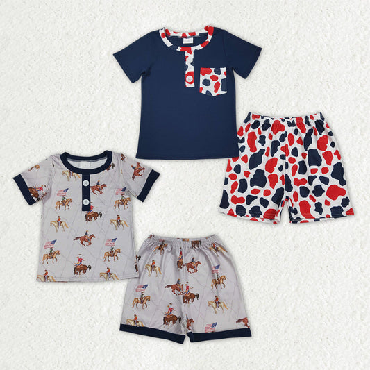 Sibling Baby Boys Flags Horses Cow Print Button Shirts Top Shorts 4th of July Pajamas Set