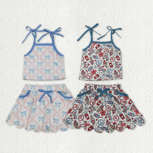 Sibling Baby Girls Strap Bows Checked Coffee Popsicle Top Pockets Skirt Shorts Clothes Sets