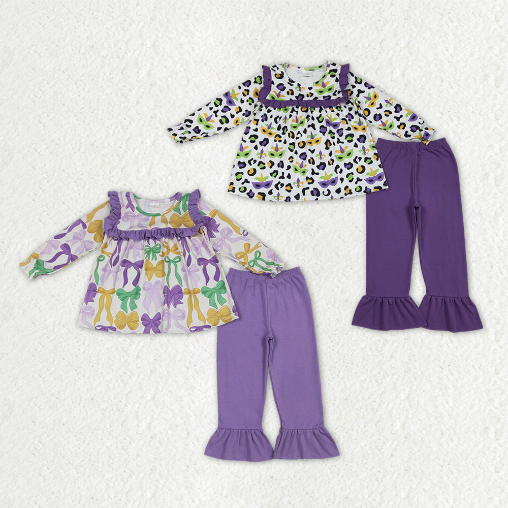 Sibling Baby Girls Mardigras Bows Leopard Masks Tunic Ruffle Pants Clothes Sets