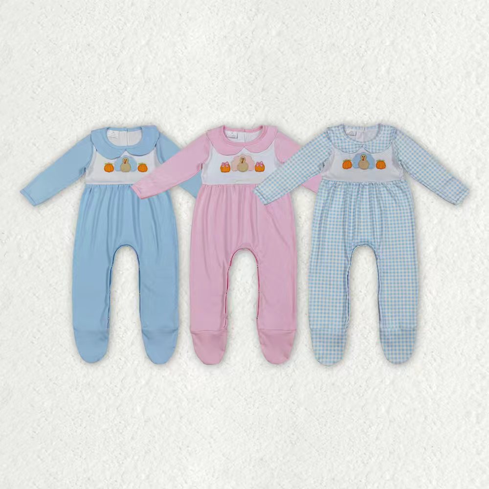 Sibling Embroidery Pumpkins Turkey Baby Infant Thanksgiving Fall Footed Rompers
