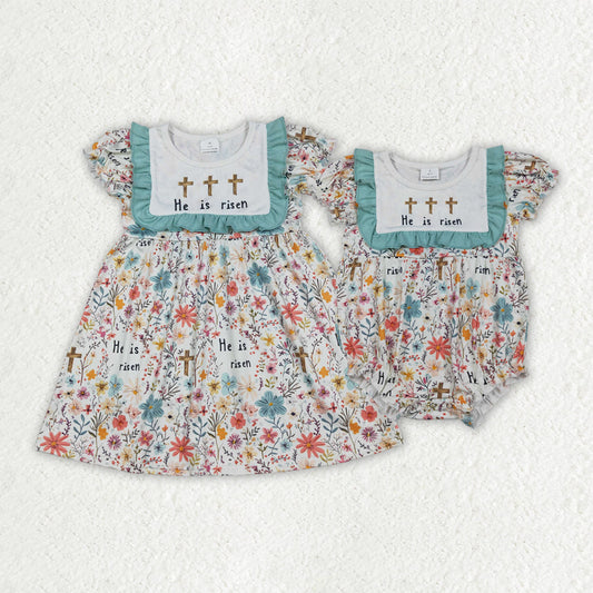 Sibling Baby Girls He is Risen Crosses Flowers Easter Knee Length Dresses Rompers