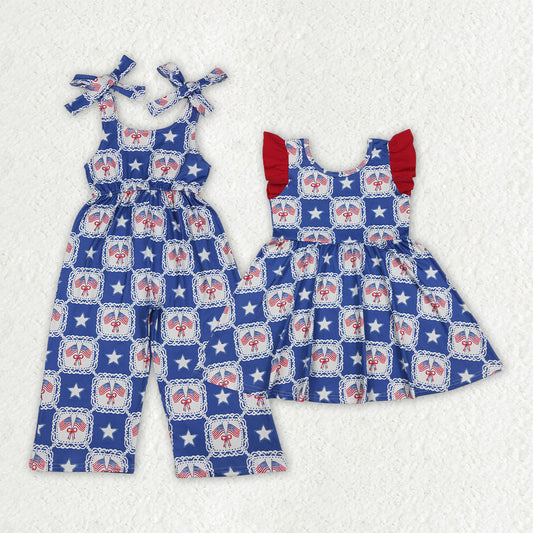 Sibling Baby Girls Bows Flags Stars Checked 4th of July Knee Length Dress Jumpsuits