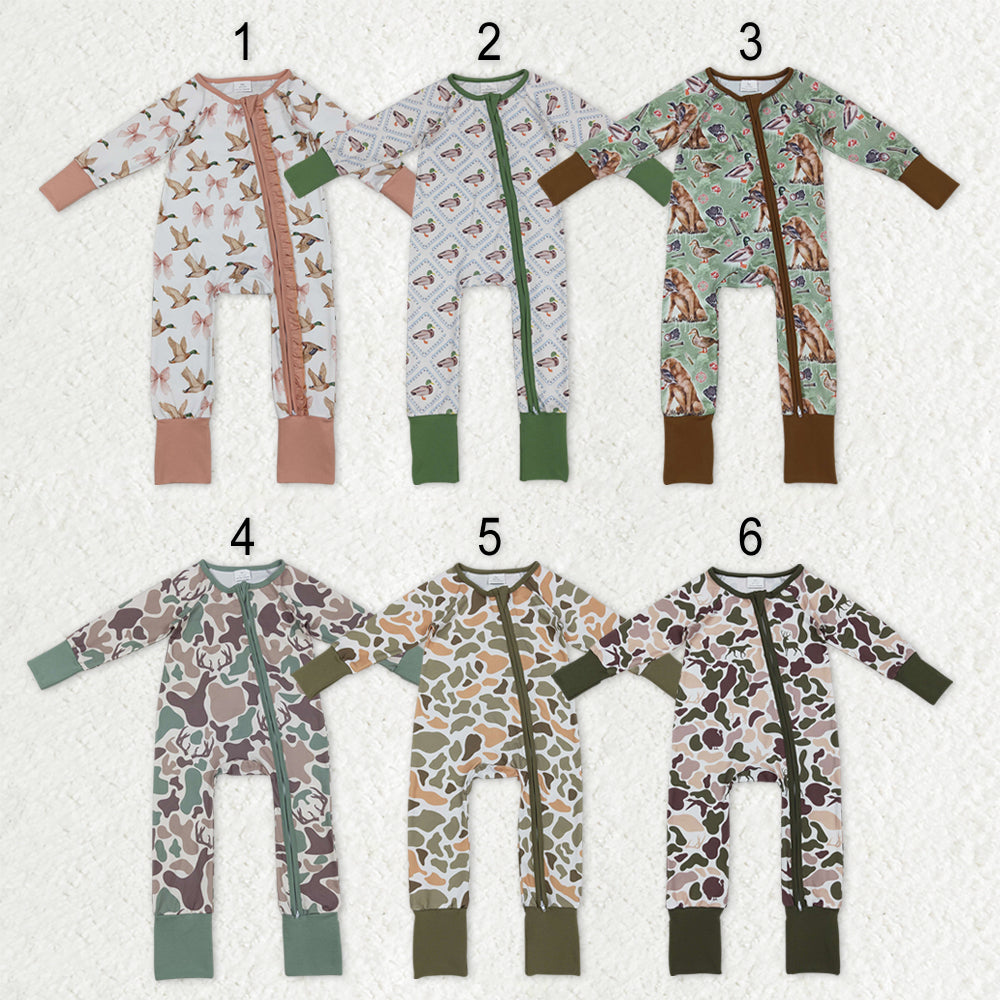 Sibling Baby Kids Ducks Camo Southern Hunting Two Way Zipper Convertible Rompers