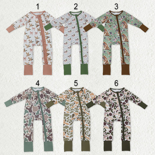 Sibling Baby Kids Ducks Camo Southern Hunting Two Way Zipper Convertible Rompers
