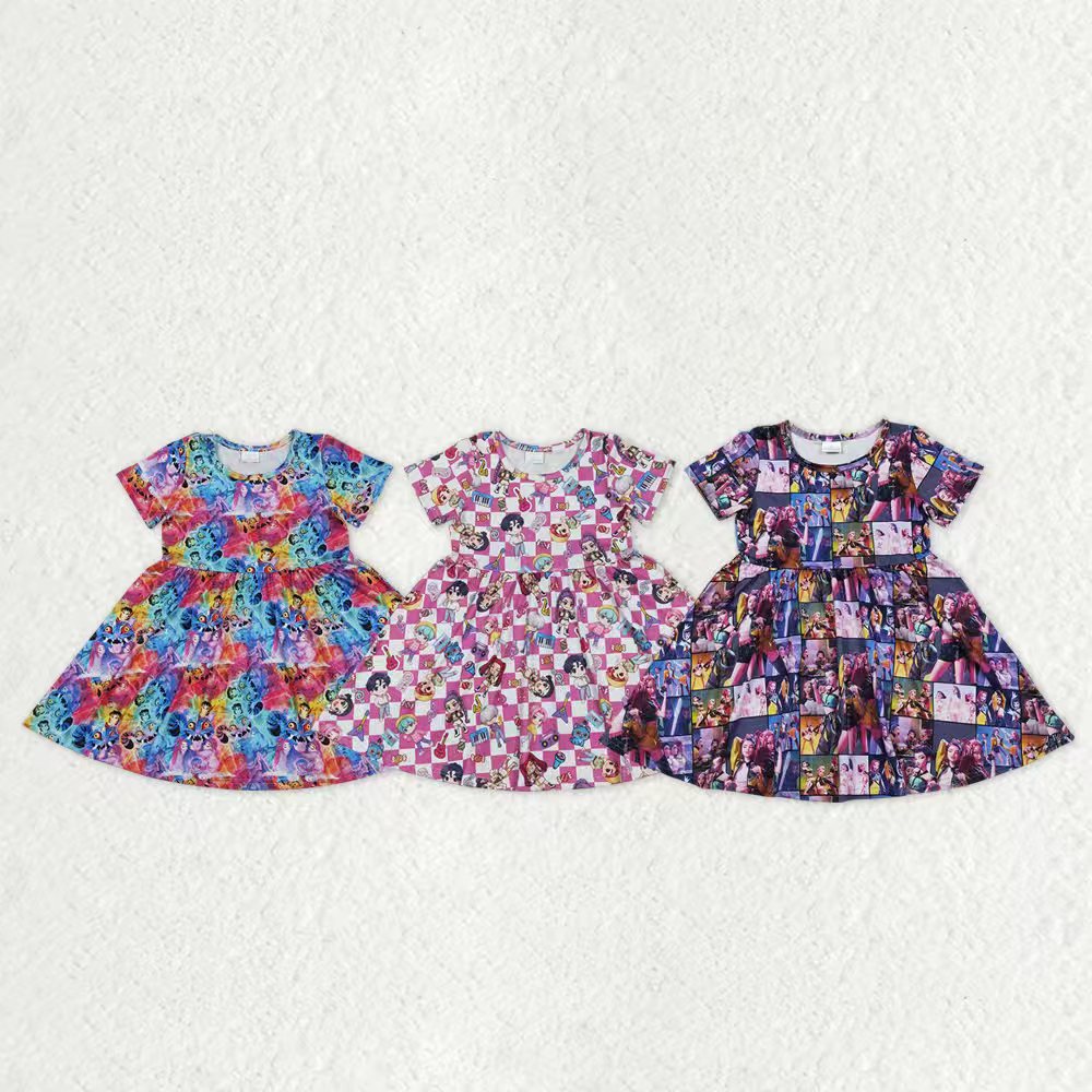Sibling Baby Girls Short Sleeve Cartoon Demon Hunter Knee Length Dresses
