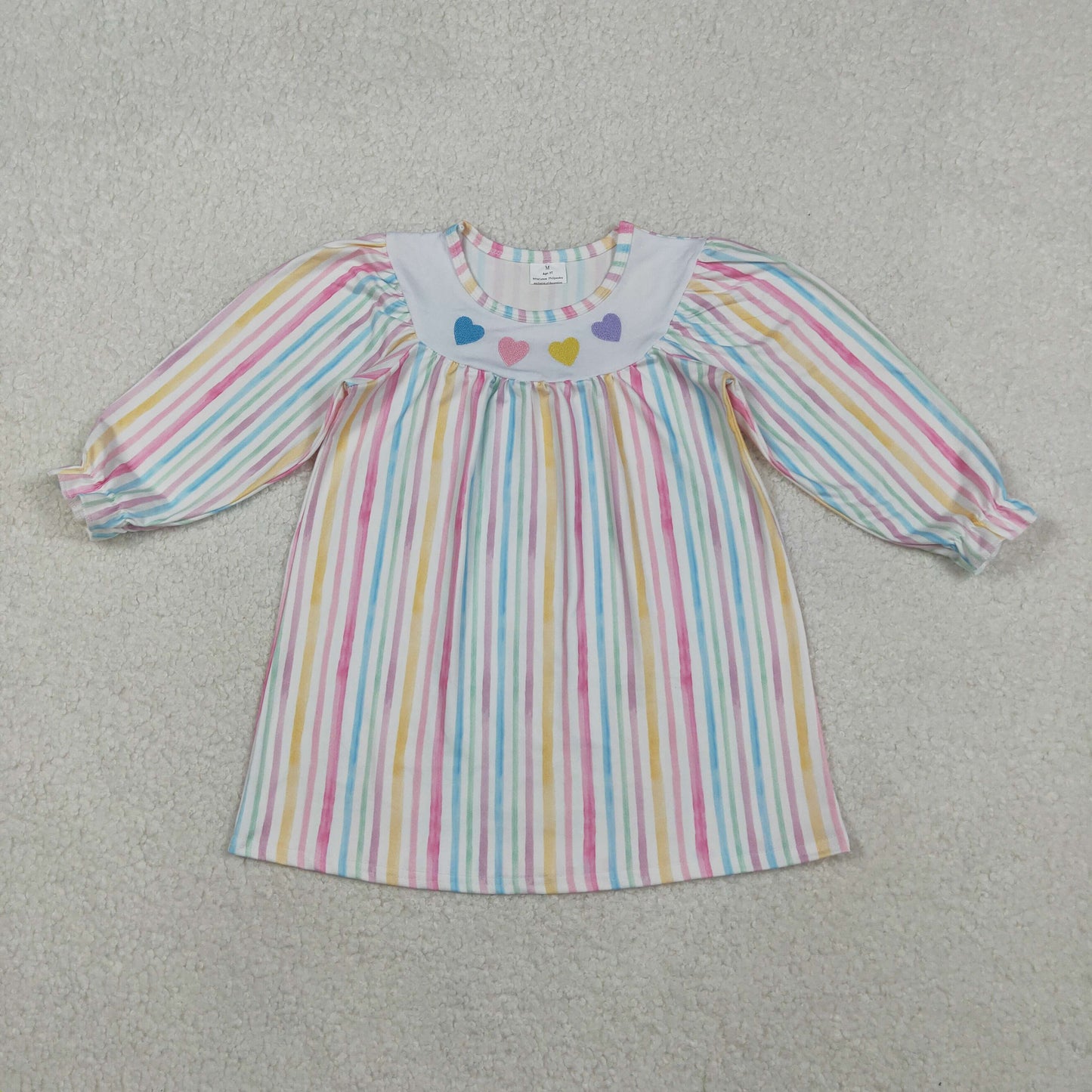 Sibling Baby Girls Colorful Stripe Embroidery Hearts Ruffle Sleeve Knee Length Dress Rompers