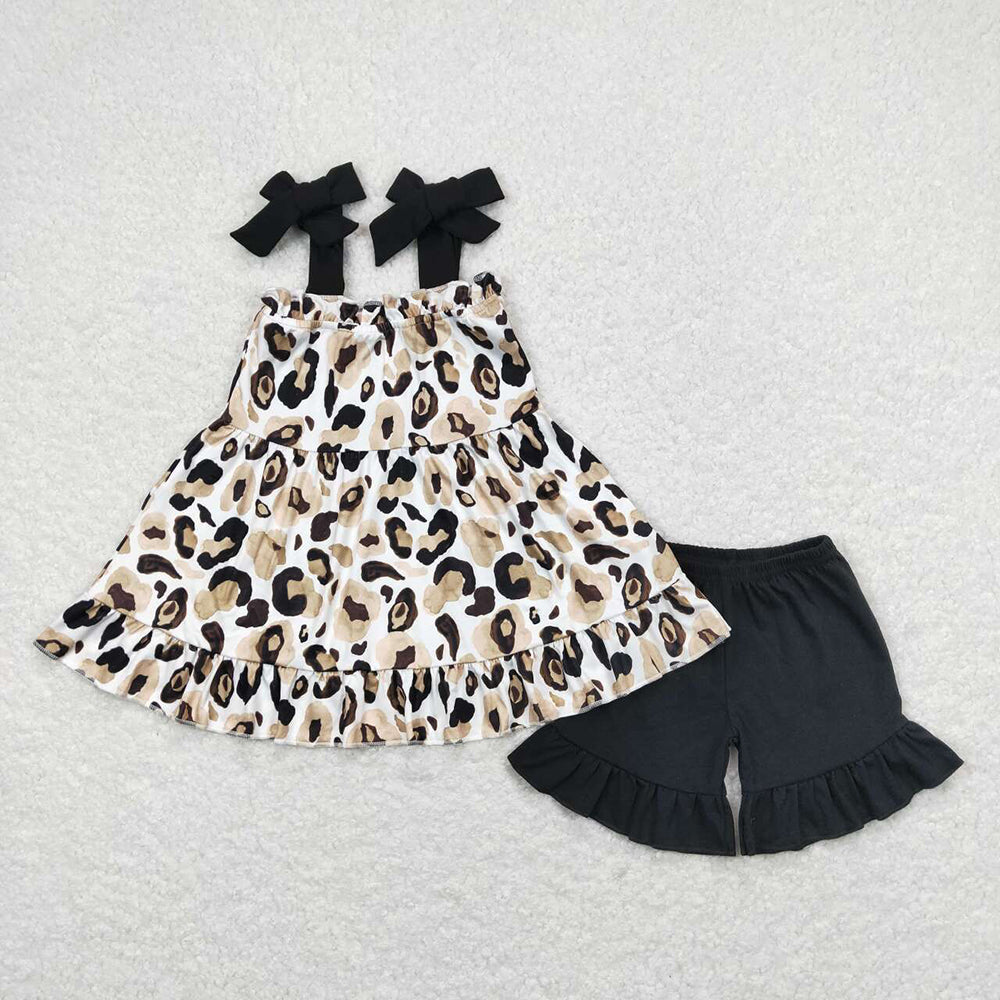 Sibling Baby Girls Straps Gold Leopard Ruffle Short Clothes Set Romper Dress