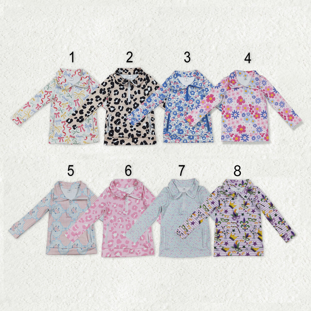 Sibling Baby Girls Flowers Bows Leopard Pockets Half Zipper Yoga Active Pullovers Top