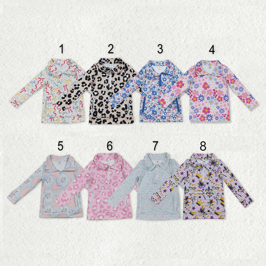Sibling Baby Girls Flowers Bows Leopard Pockets Half Zipper Yoga Active Pullovers Top