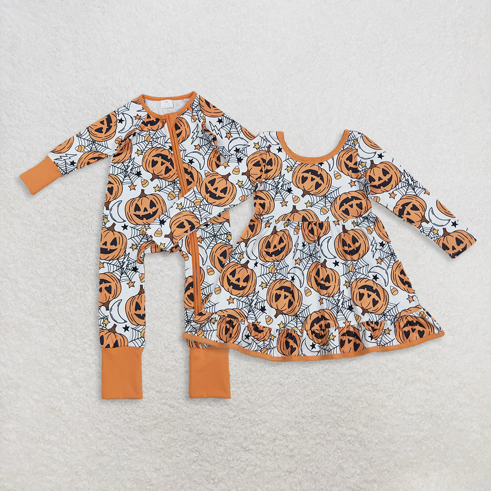 Sibling Baby Girls Ghosts Pumpkins Halloween Zipper Footie Romper Knee Length Dress
