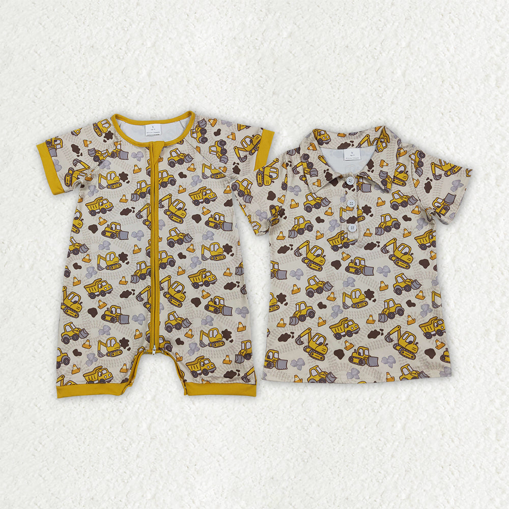Sibling Baby Boys Excavators Tools Button Polo Shirts Top Zip Rompers
