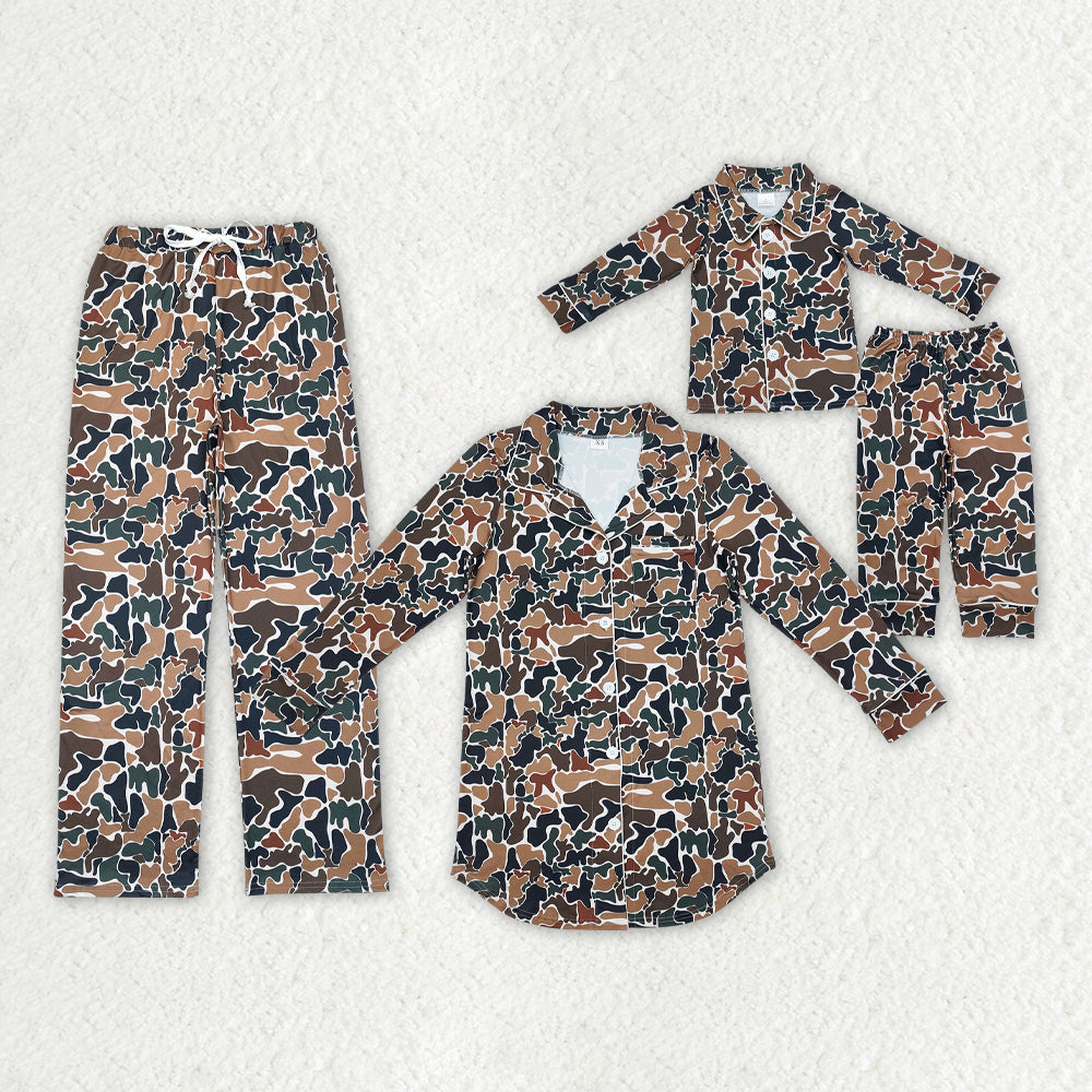 Mama and Me Girls Dark Brown Camo Long Sleeves Button Tops Pants Pajamas Clothes Sets