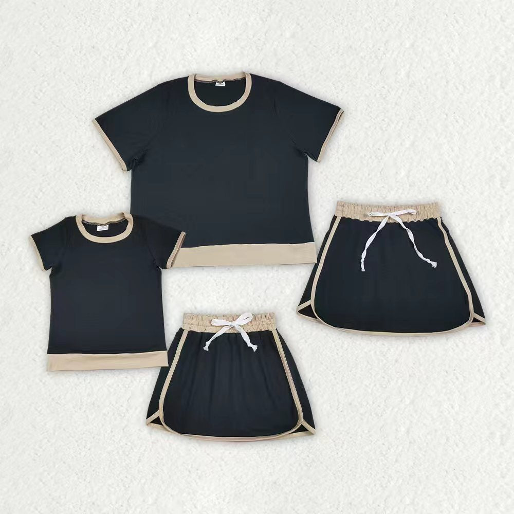 Mama and Me Girls Black Short Sleeve Shirt Top Skirt Short Cotton Clothes Sets