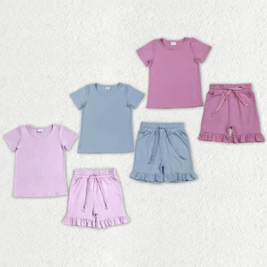 Sibling Baby Girls Short Sleeve Cotton Shirts Top Pockets Ruffle Short Clothes Sets