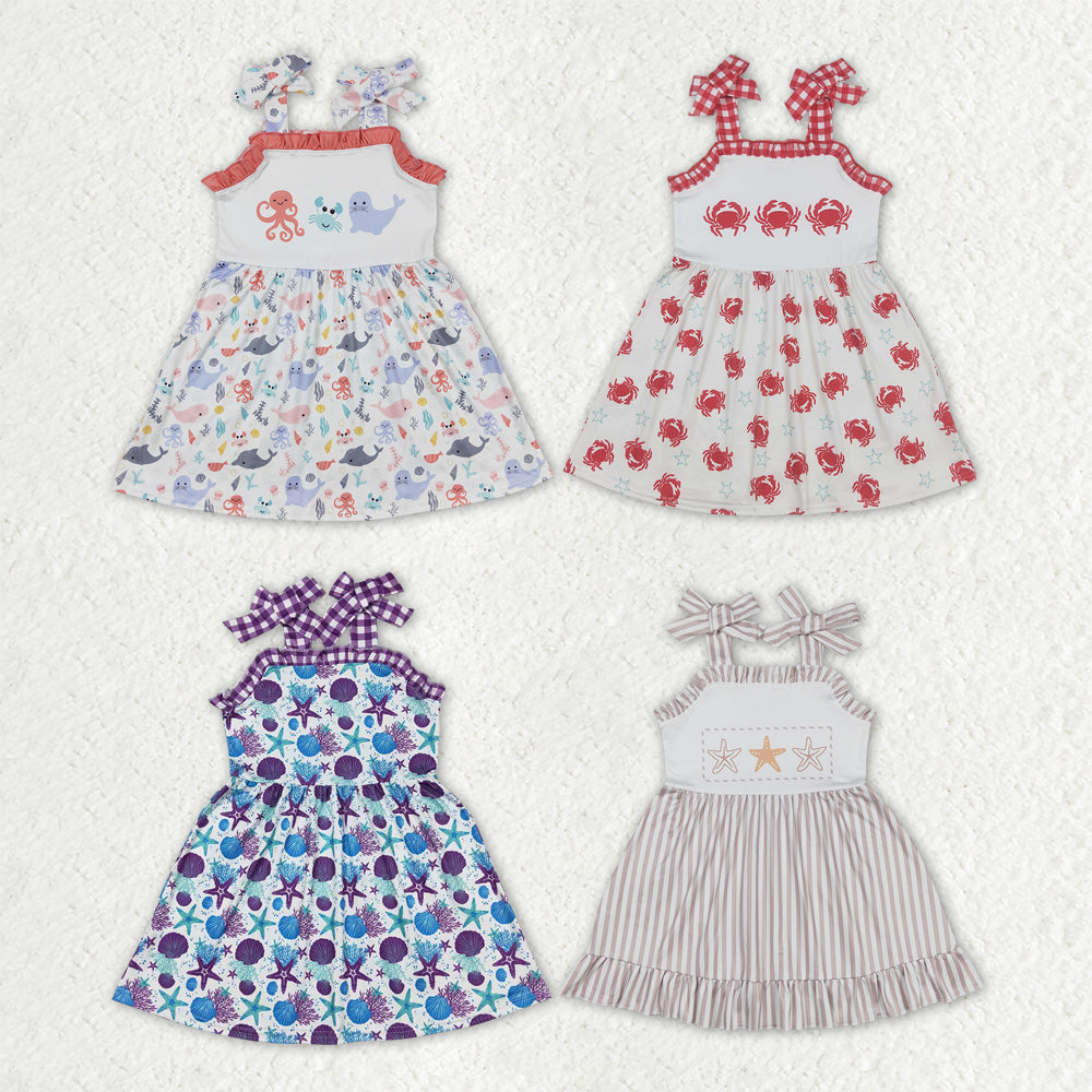 Sibling Baby Girls Strap Sea World Starfishes Crabs Knee Length Dresses