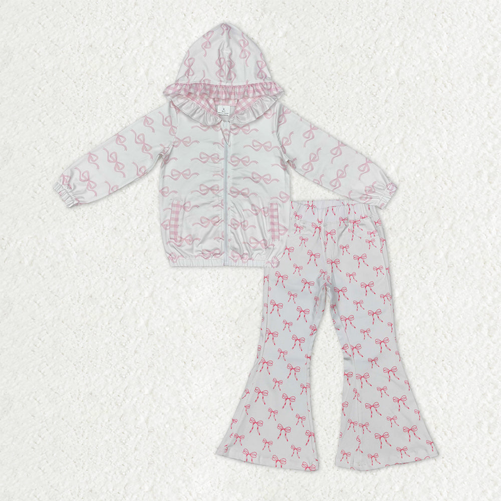 Sibling Baby Girls Pink Bows Zip Pocket Hoodies Jacket Denim Bell Bottom Pants Clothes Sets