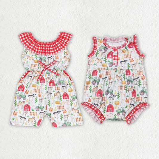 Sibling Baby Girls Red Farm Checkered Summer Rompers Jumpsuits