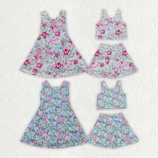 Sibling Baby Girls Flowers Sleeveless Athletic Skorts Sets Dresses
