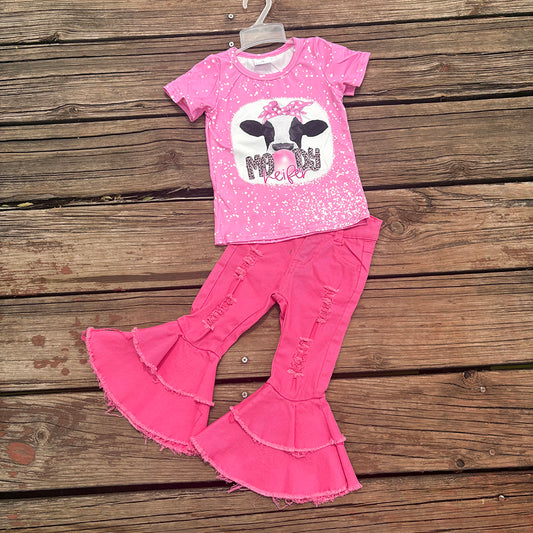 Western Moody Cow Shirt Bell Bottom Jeans Sets