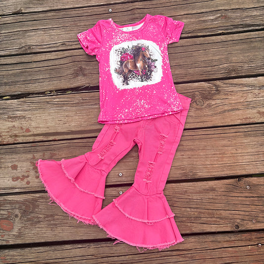 Western Horse Rodeo Shirt Pink Bell Bottom Jeans Sets