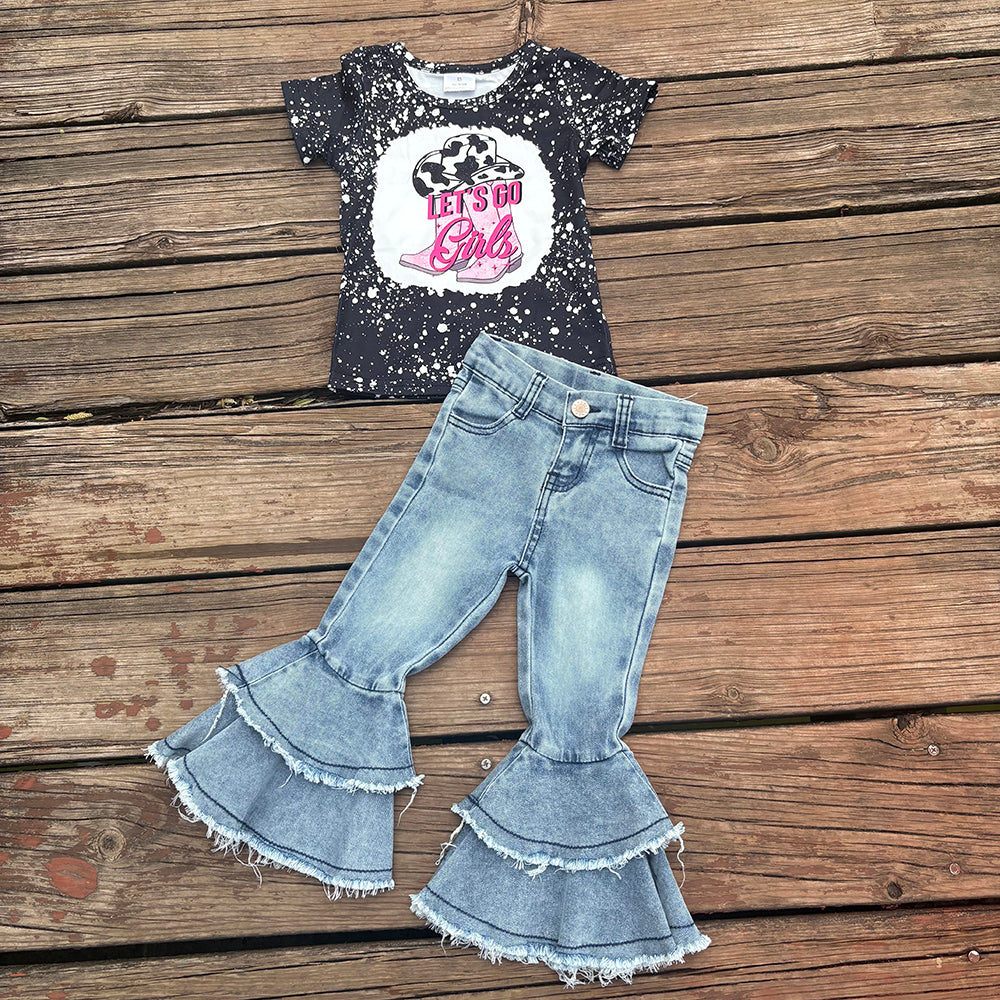 Western Let's Go Hats Shirt Bell Bottom Jeans Sets
