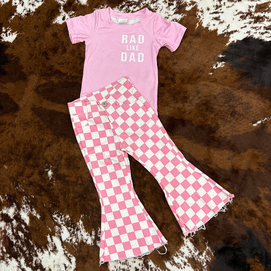 Western Rad Like Dad Shirt Pink Checkered Bell Bottom Jeans Sets