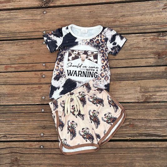 Western Girls Warning Shirt Rodeo Shorts Summer Outfits