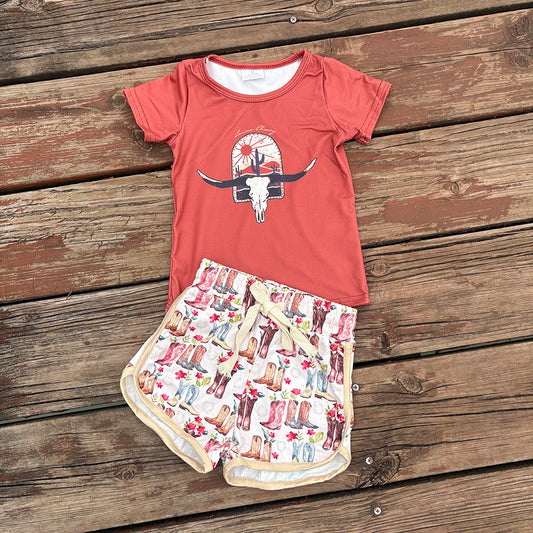 Western Girls Cow Skull Shirt Boots Shorts Summer Outfits
