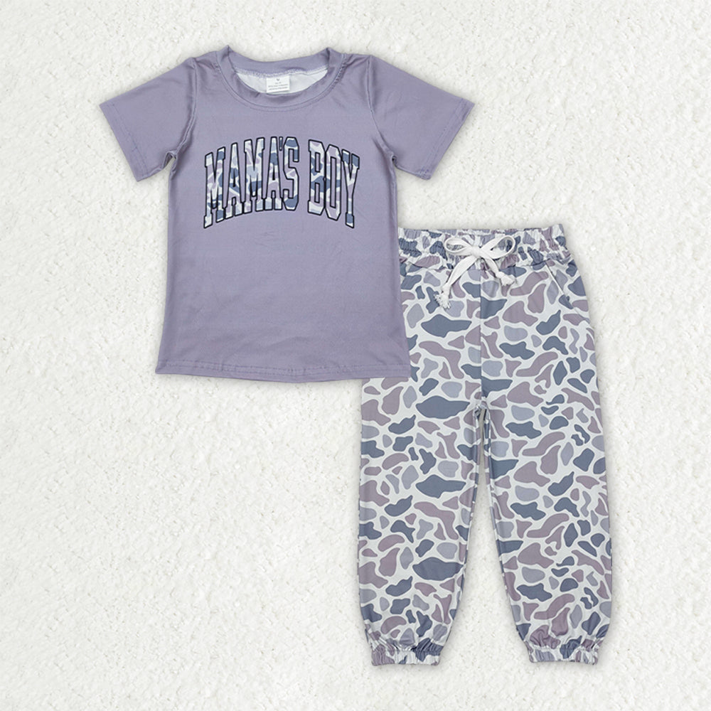 mama's boy grey camouflage white t-shirts+pants sets
