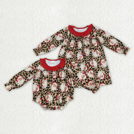 Sibling Baby Girls Christmas Santa Leopard Rompers Dresses