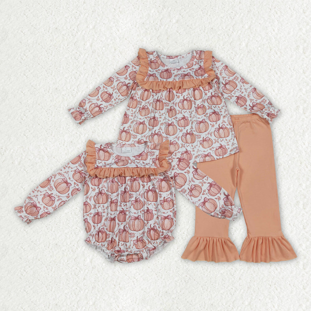Sibling Baby Girls Fall Bow Pumpkins Rompers Outfits Clothes Sets