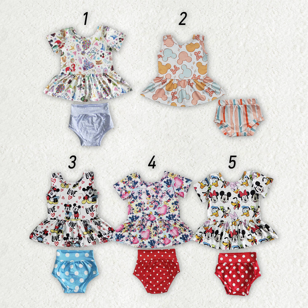 Sibling Baby girls cartoon summer bummie sets