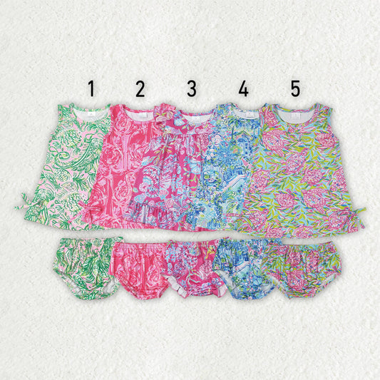 Sibling Baby Girls Flowers Tunic Top Bummies Outfits Sets
