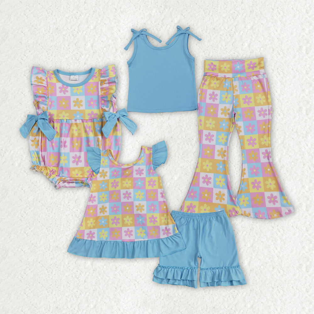Sibling Baby Girls Blue Top Flowers Rompers Summer Outfits Sets