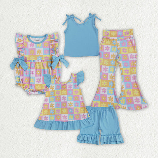 Sibling Baby Girls Blue Top Flowers Rompers Summer Outfits Sets