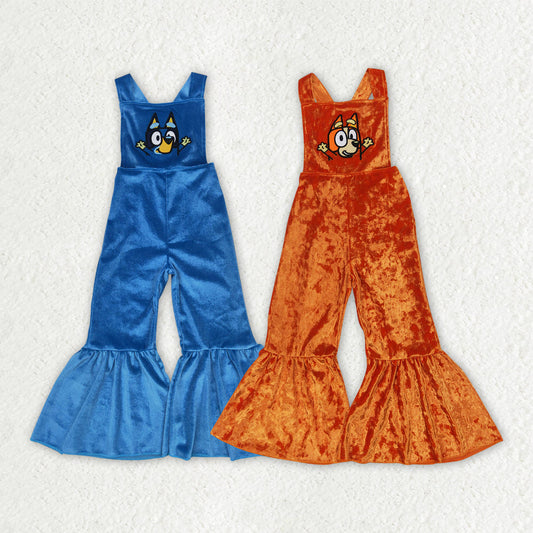 Sibling Sister Baby Girls Straps Dog Embroidery Velvet Jumpsuits