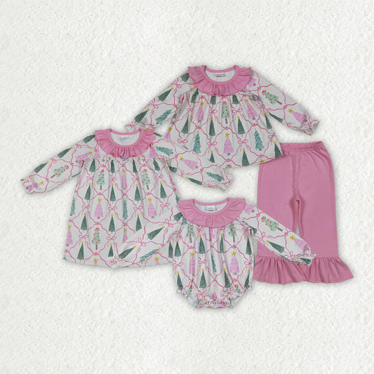 Sibling Baby Girls Christmas Trees Bows Rompers Dresses Outfits