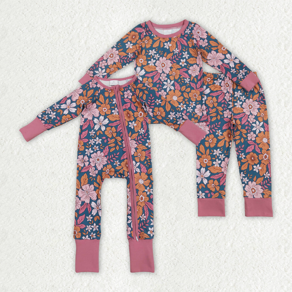 Sibling Baby Girls Lavender Floral Zip Rompers Pajamas Clothes Sets
