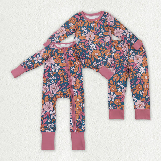 Sibling Baby Girls Lavender Floral Zip Rompers Pajamas Clothes Sets