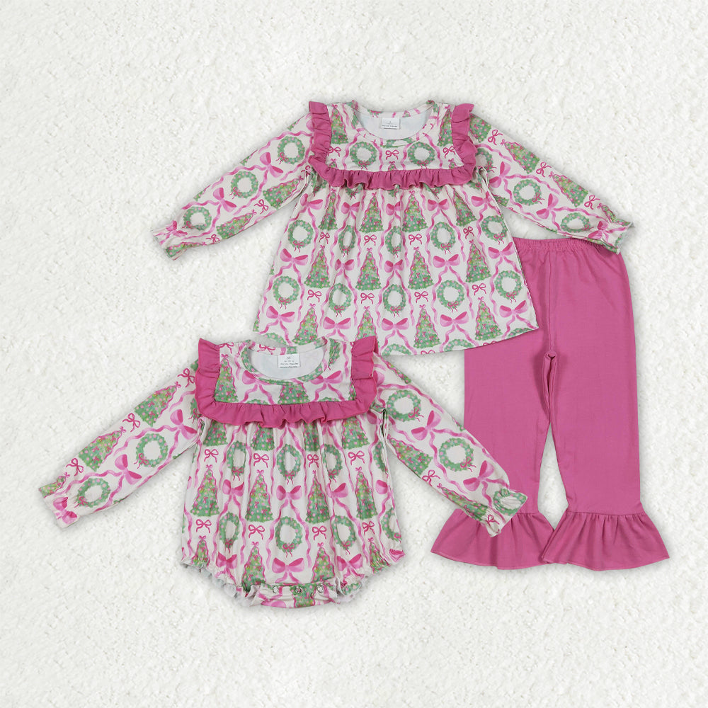 Sibling Baby Girls Christmas Trees Bows Rompers Outfits Sets