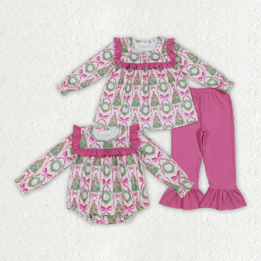 Sibling Baby Girls Christmas Trees Bows Rompers Outfits Sets
