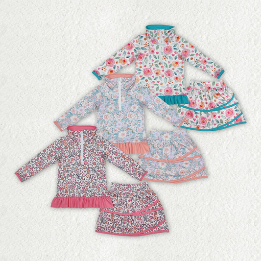 Sibling Baby Girls Flowers Zip Top Skirt Ruffle Skort Bottoms Sets