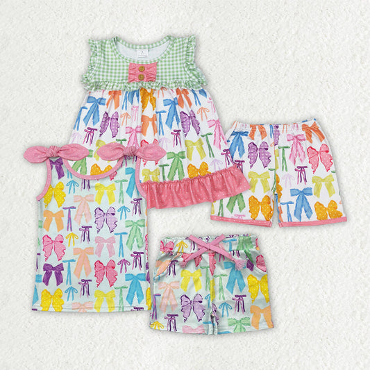 Sibling Baby Girls Colorful Bows Tops Shorts Outfits Sets