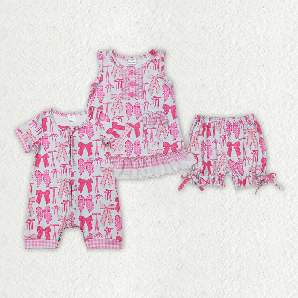 Sibling Baby Girls Pink Bows Rompers Outfits Sets