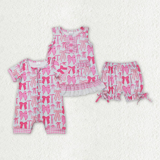 Sibling Baby Girls Pink Bows Rompers Outfits Sets