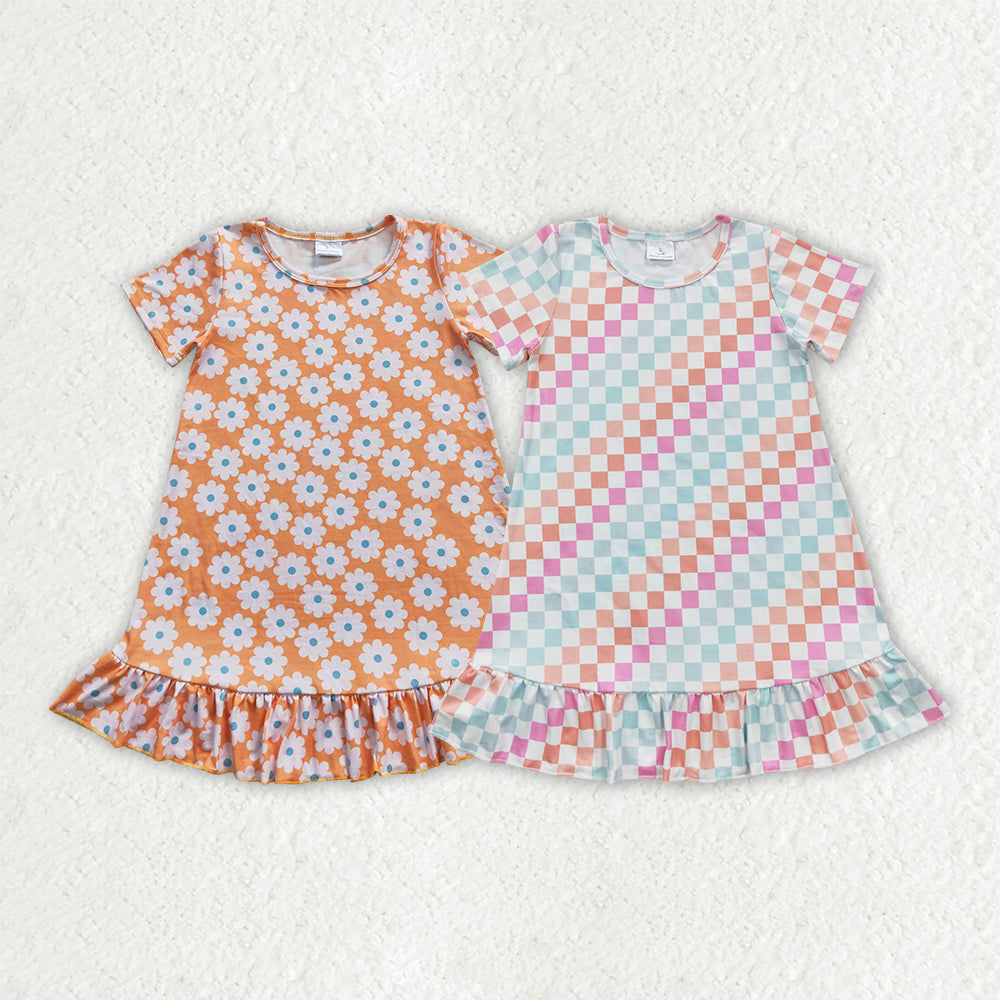 Sibling Baby Girls Flowers Checkered Short Sleeve Knee Length Dresses